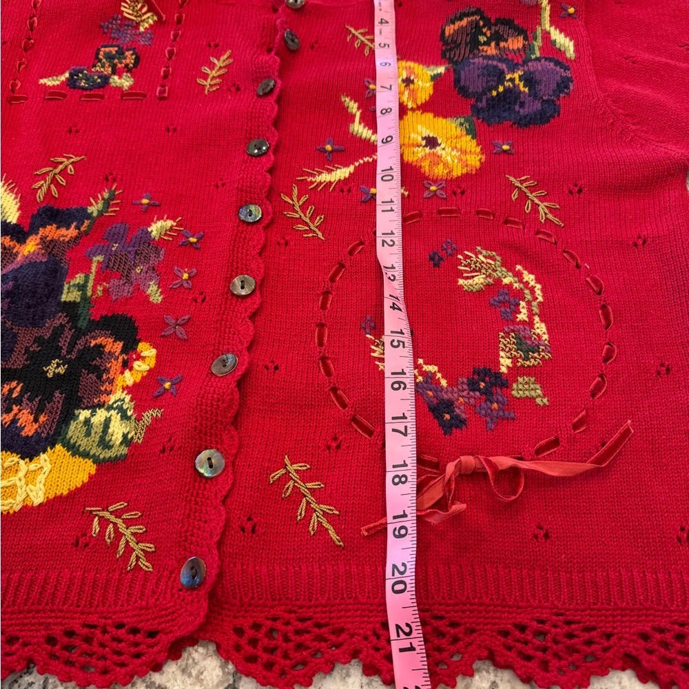 Vintage 1995 Susan Bristol Hand Embroidered Red Cardigan Size S - Picture 10 of 12
